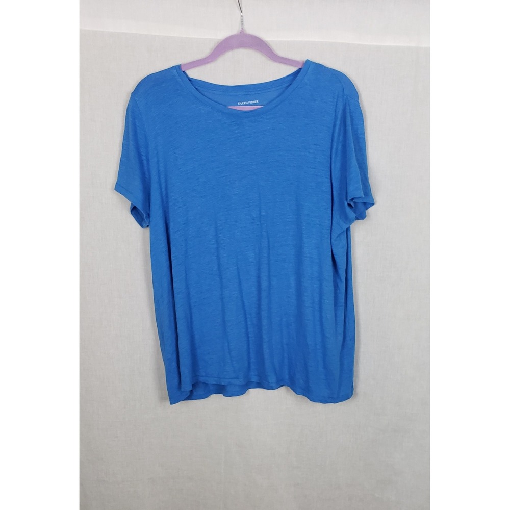 Eileen Fisher Blue 100% Organic Linen Slub Tee Shirt L Casual Sustainable Summer